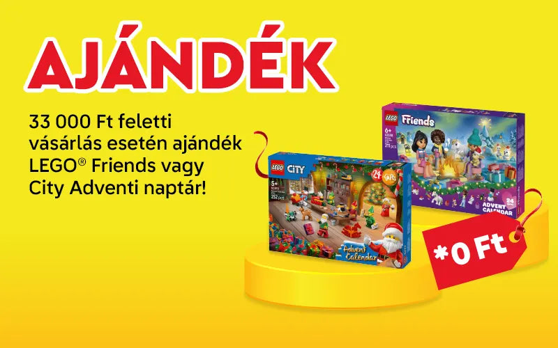 Vásárolj 33 000 Ft feletti értékben LEGO® termékeket, válaszd ki a kedvenc adventi naptáradat, és kezdődjön az ünnepi visszaszámlálás!
A promóció 2026.10.01. és 2026.10.31. között, illetve a készlet erejéig érvényes.
58 000 Ft feletti vásárlás esetén a LEGO® Astro Bot™ (40899) vagy a LEGO® City / LEGO® Friends adventi naptár közül választhatsz, a két promóció együttesen nem vehető igénybe.